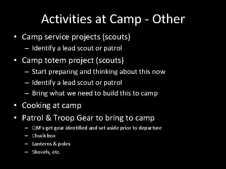 Activities at Camp - Other • Camp service projects (scouts) – Identify a lead