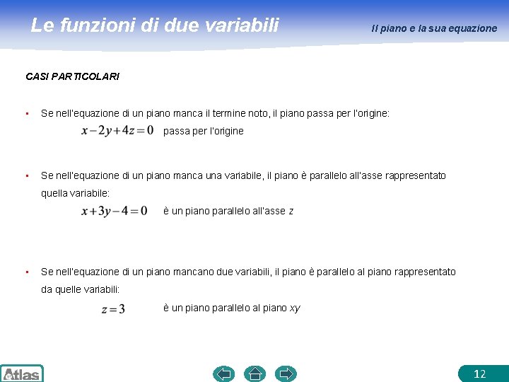 Le funzioni di due variabili Il piano e la sua equazione CASI PARTICOLARI •