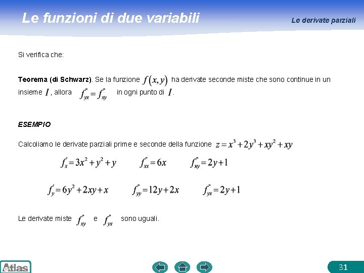 Le funzioni di due variabili Le derivate parziali Si verifica che: Teorema (di Schwarz).