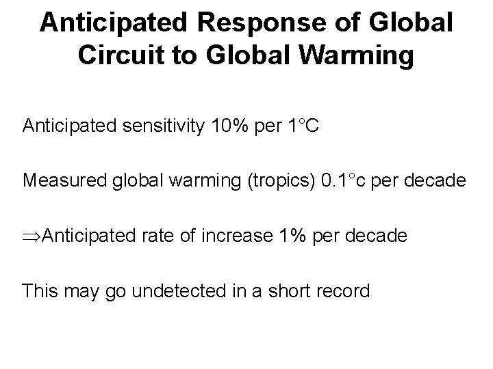 Anticipated Response of Global Circuit to Global Warming Anticipated sensitivity 10% per 1°C Measured