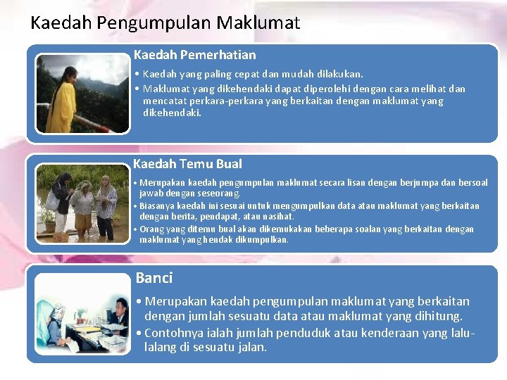 Kaedah Pengumpulan Maklumat Kaedah Pemerhatian • Kaedah yang paling cepat dan mudah dilakukan. •