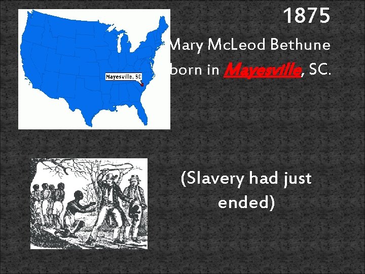 1875 Mary Mc. Leod Bethune was born in Mayesville, SC. (Slavery had just ended)