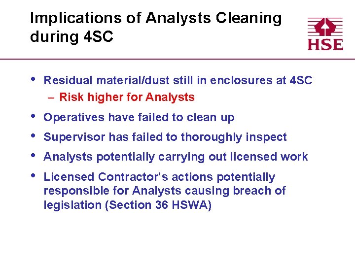 Implications of Analysts Cleaning during 4 SC • Residual material/dust still in enclosures at