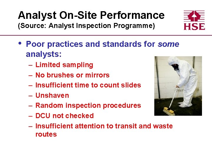Analyst On-Site Performance (Source: Analyst Inspection Programme) • Poor practices and standards for some