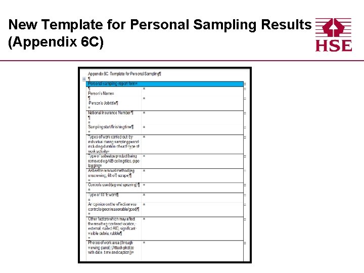 New Template for Personal Sampling Results (Appendix 6 C) 