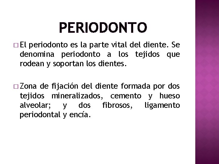 PERIODONTO � El periodonto es la parte vital del diente. Se denomina periodonto a