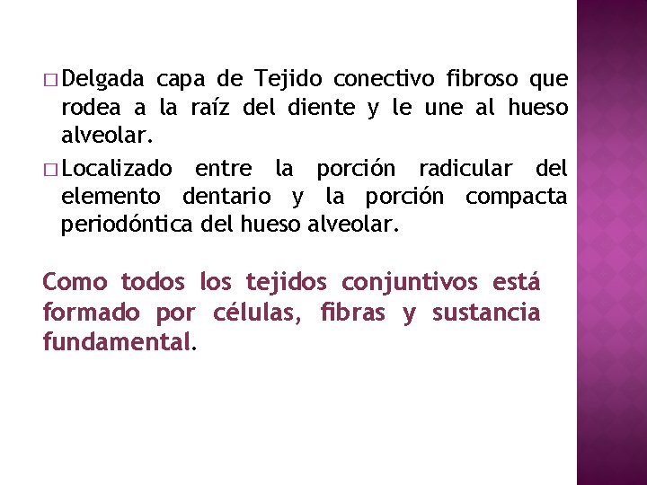 � Delgada capa de Tejido conectivo fibroso que rodea a la raíz del diente