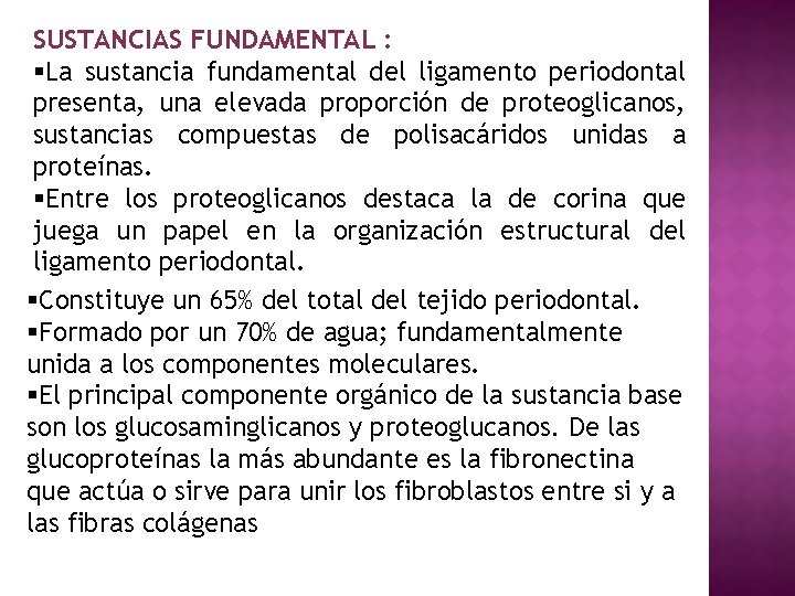 SUSTANCIAS FUNDAMENTAL : §La sustancia fundamental del ligamento periodontal presenta, una elevada proporción de