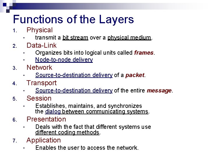 Functions of the Layers Physical 1. • transmit a bit stream over a physical