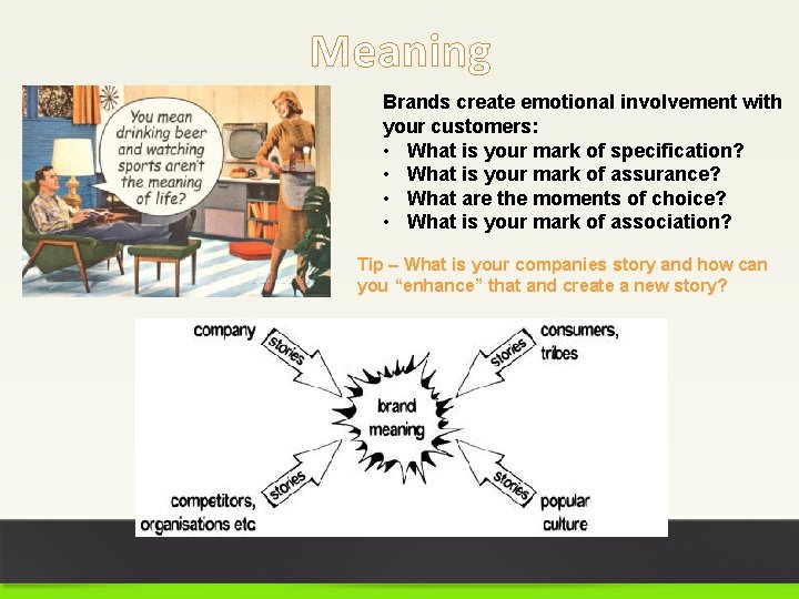 Meaning Brands create emotional involvement with your customers: • What is your mark of