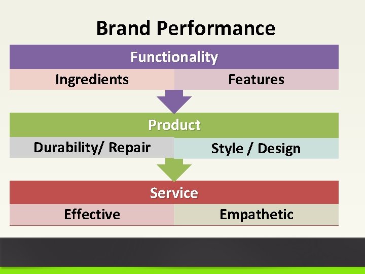 Brand Performance Functionality Ingredients Features Product Durability/ Repair Style / Design Service Effective Empathetic