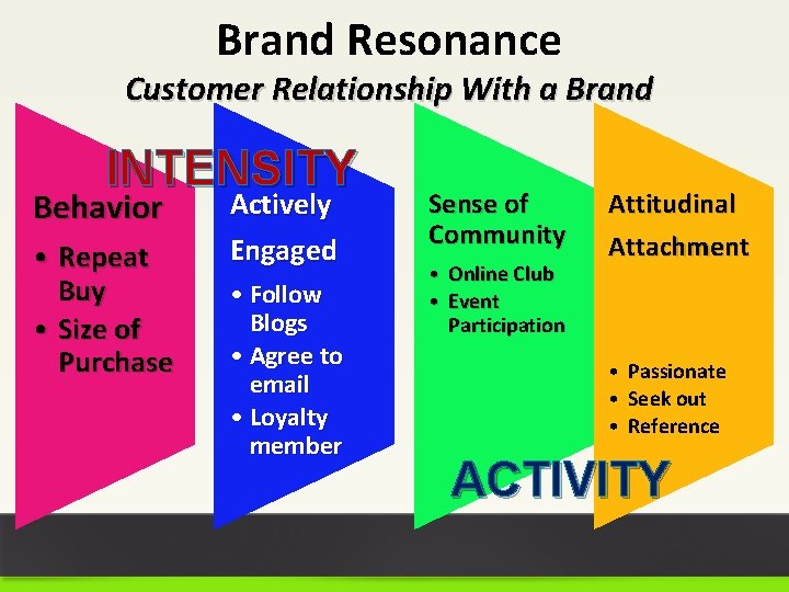Brand Resonance Customer Relationship With a Brand INTENSITY Behavior • Repeat Buy • Size
