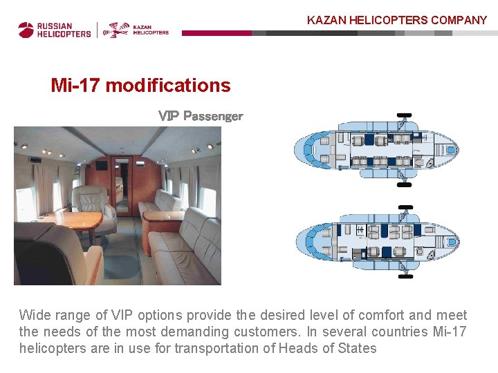 KAZAN HELICOPTERS COMPANY Mi-17 modifications VIP Passenger Wide range of VIP options provide the