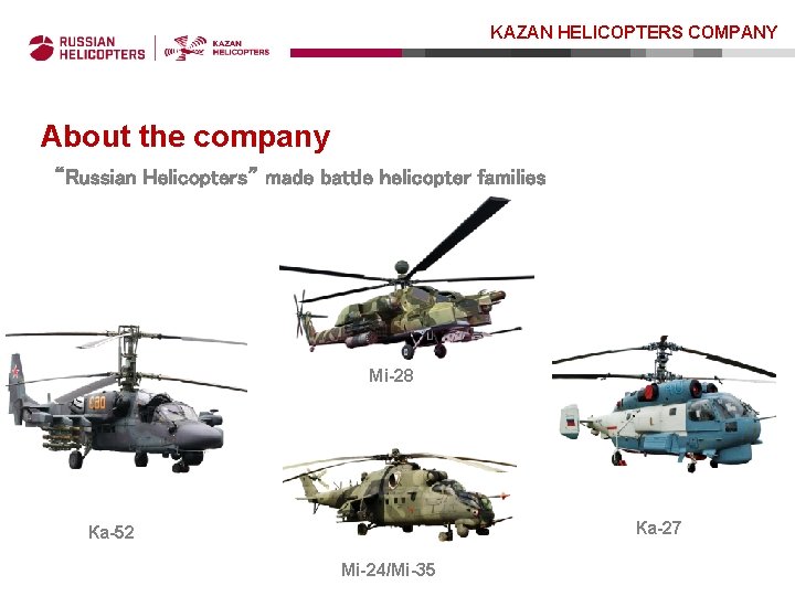 KAZAN HELICOPTERS COMPANY About the company “Russian Helicopters” made battle helicopter families Мi-28 Ка-27