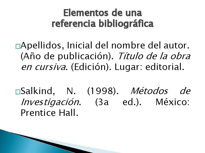 Elementos de una referencia bibliográfica �Apellidos, Inicial del nombre del autor. (Año de publicación).