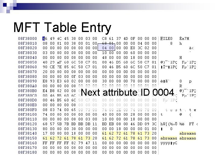 MFT Table Entry Next attribute ID 0004 