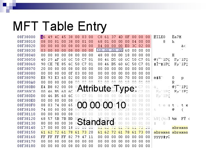 MFT Table Entry Attribute Type: 00 00 00 10 Standard 
