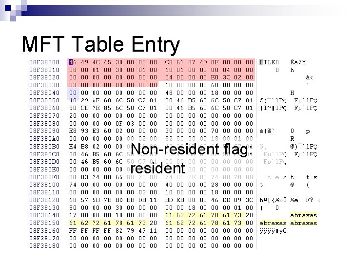 MFT Table Entry Non-resident flag: resident 
