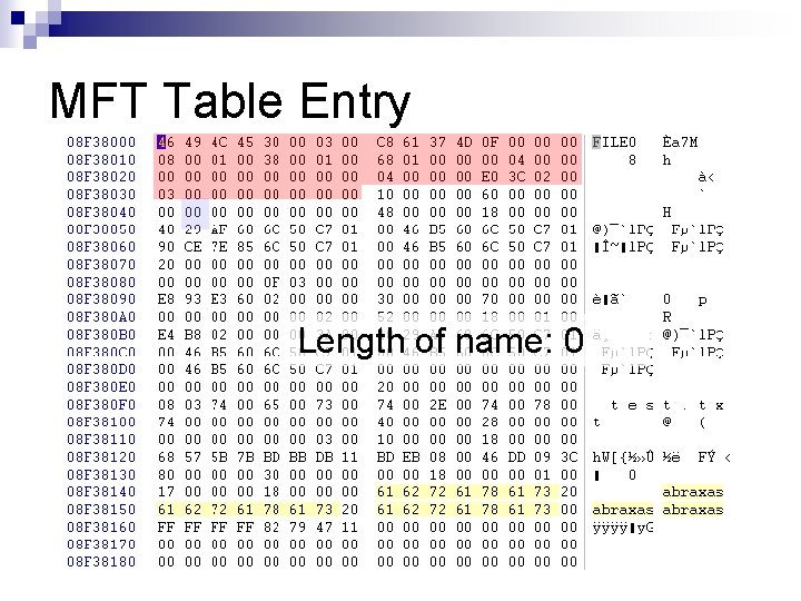 MFT Table Entry Length of name: 0 