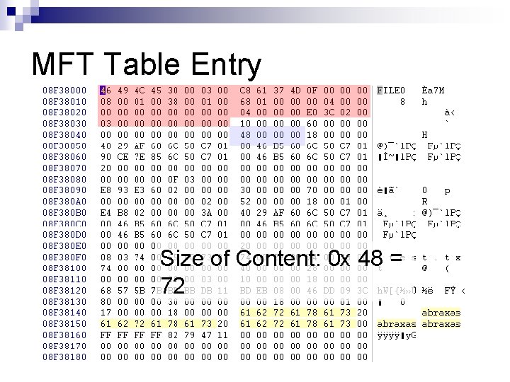 MFT Table Entry Size of Content: 0 x 48 = 72 