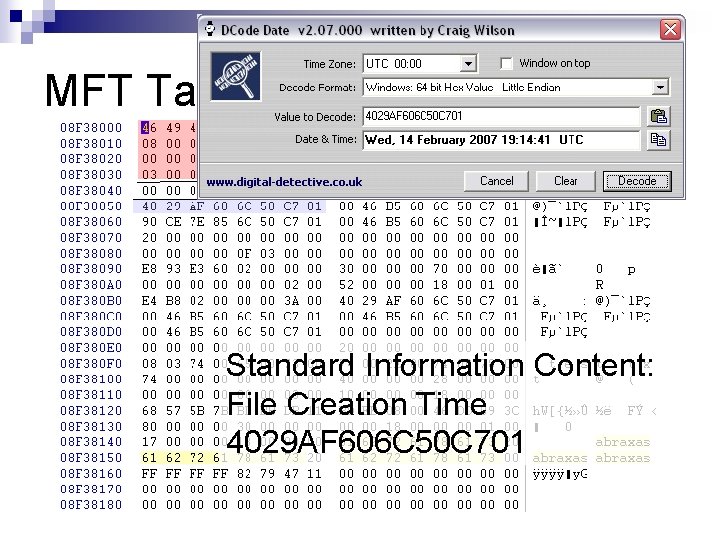 MFT Table Entry Standard Information Content: File Creation Time 4029 AF 606 C 50