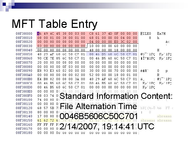 MFT Table Entry Standard Information Content: File Alternation Time 0046 B 5606 C 50