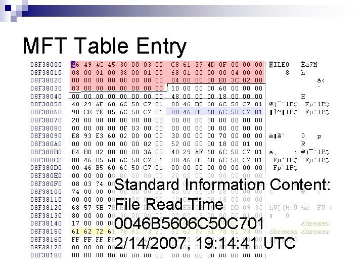 MFT Table Entry Standard Information Content: File Read Time 0046 B 5606 C 50