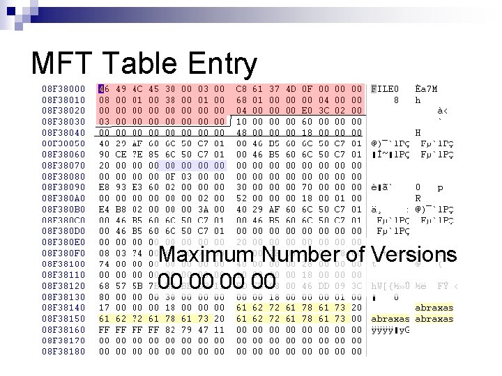 MFT Table Entry Maximum Number of Versions 00 00 