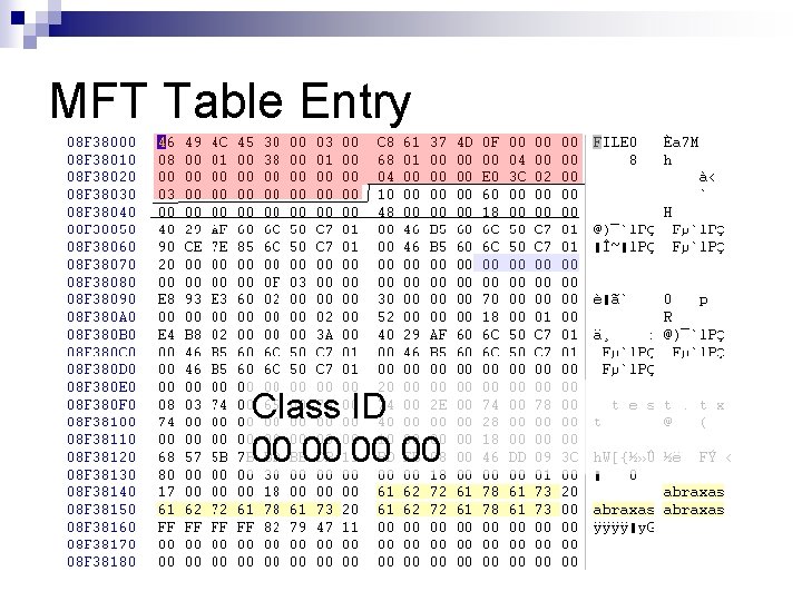 MFT Table Entry Class ID 00 00 