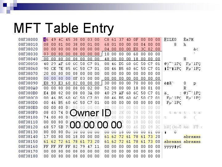 MFT Table Entry Owner ID 00 00 