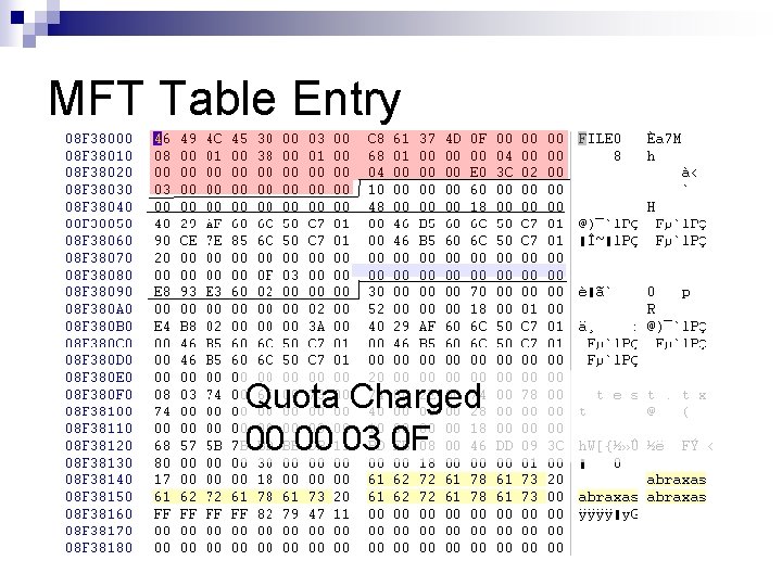 MFT Table Entry Quota Charged 00 00 03 0 F 