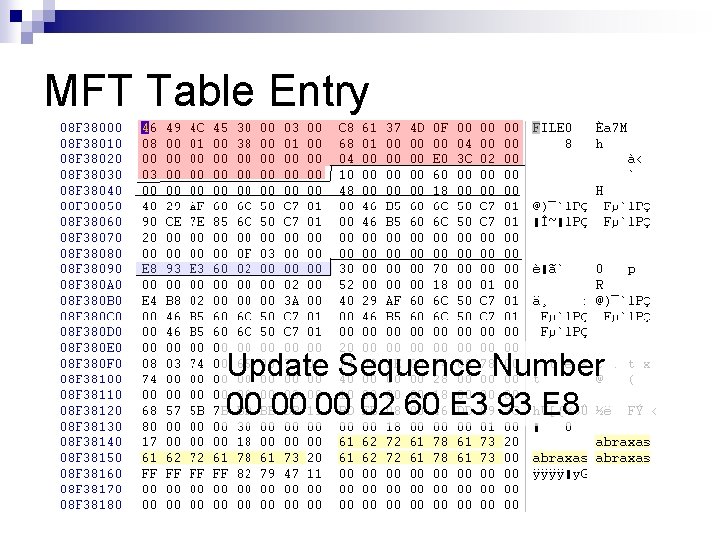 MFT Table Entry Update Sequence Number 00 00 00 02 60 E 3 93