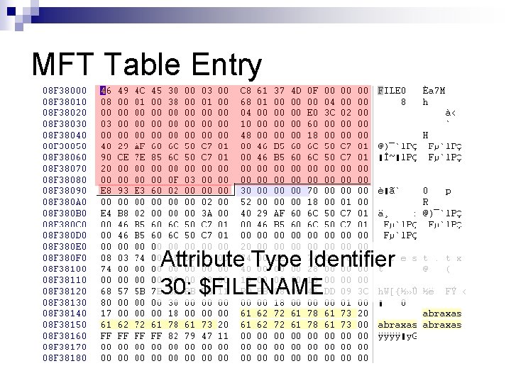 MFT Table Entry Attribute Type Identifier 30: $FILENAME 