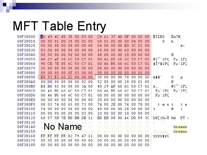 MFT Table Entry No Name 