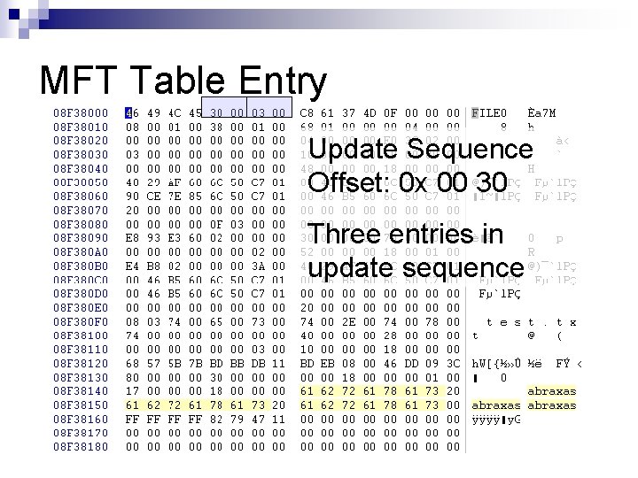 MFT Table Entry Update Sequence Offset: 0 x 00 30 Three entries in update