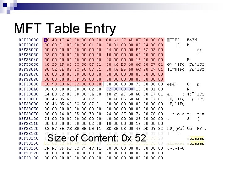 MFT Table Entry Size of Content: 0 x 52 