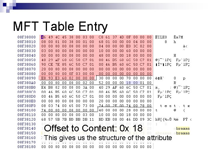 MFT Table Entry Offset to Content: 0 x 18 This gives us the structure