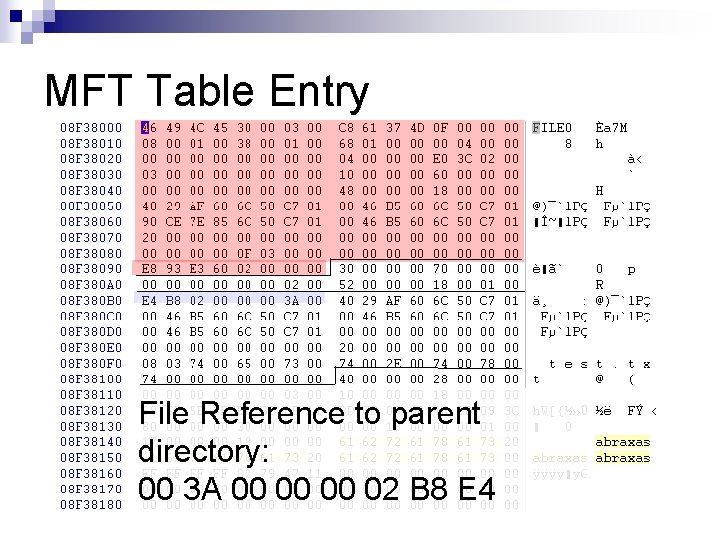 MFT Table Entry File Reference to parent directory: 00 3 A 00 00 00