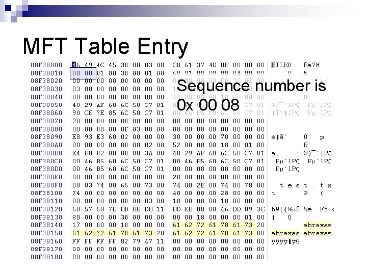 MFT Table Entry Sequence number is 0 x 00 08 