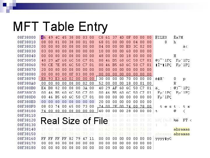 MFT Table Entry Real Size of File 