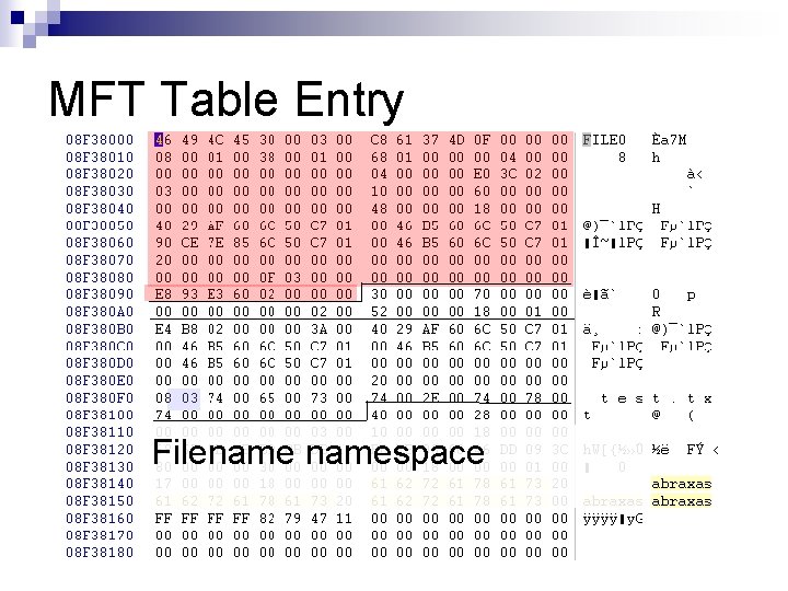 MFT Table Entry Filenamespace 