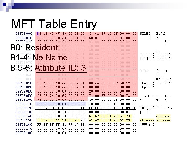 MFT Table Entry B 0: Resident B 1 -4: No Name B 5 -6: