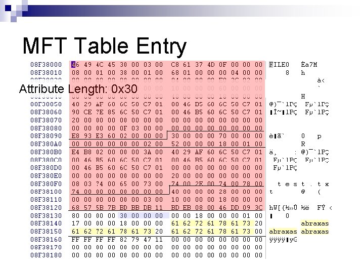 MFT Table Entry Attribute Length: 0 x 30 