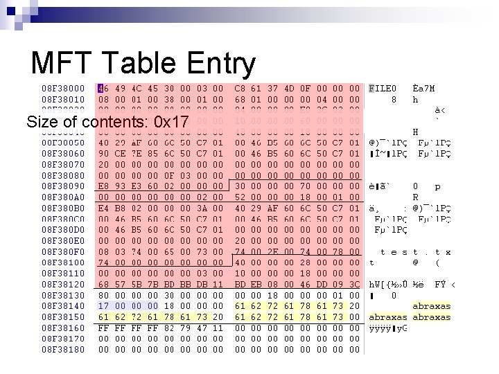 MFT Table Entry Size of contents: 0 x 17 