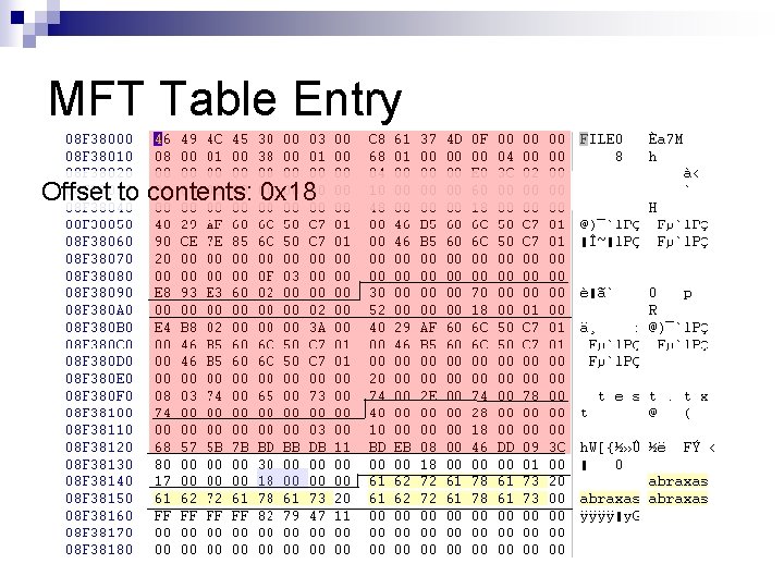 MFT Table Entry Offset to contents: 0 x 18 