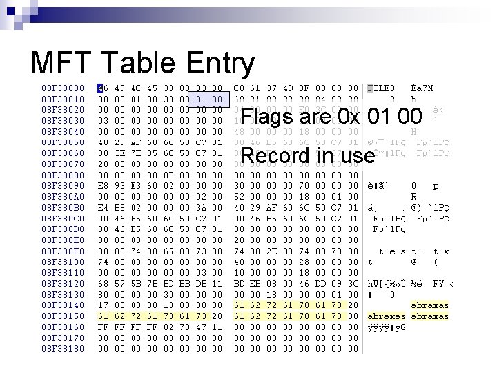 MFT Table Entry Flags are 0 x 01 00 Record in use 