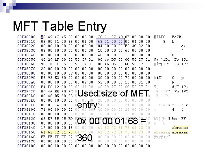 MFT Table Entry Used size of MFT entry: 0 x 00 00 01 68