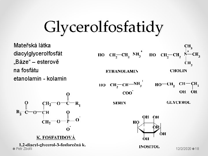 Glycerolfosfatidy Mateřská látka diacylglycerolfosfát „Báze“ – esterově na fosfátu etanolamin - kolamin Petr Zbořil