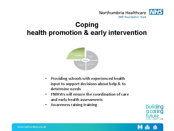 Coping health promotion & early intervention • Providing schools with experienced health input to