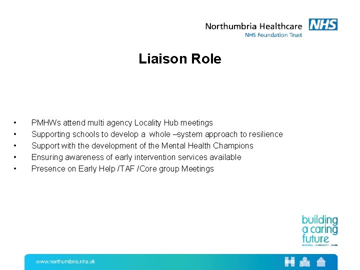 Liaison Role • • • PMHWs attend multi agency Locality Hub meetings Supporting schools